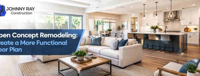 Open concept remodeling creating a functional kitchen, dining, and living floor plan by Johnny Ray Construction